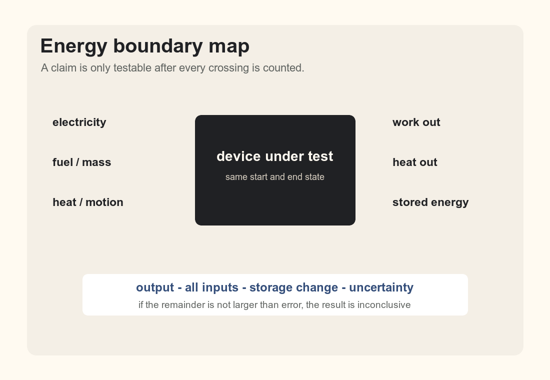 Diagram showing energy inputs, device boundary, measured outputs, losses, and uncertainty.